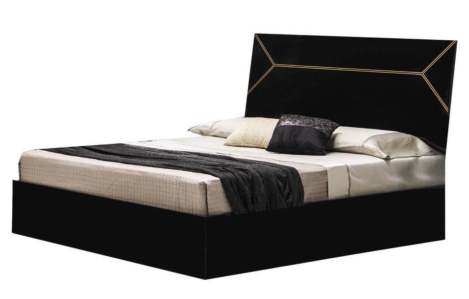 Lit coffre bois noir laqué et tête de lit noire laquée et dorée Diamanto - Photo n°1