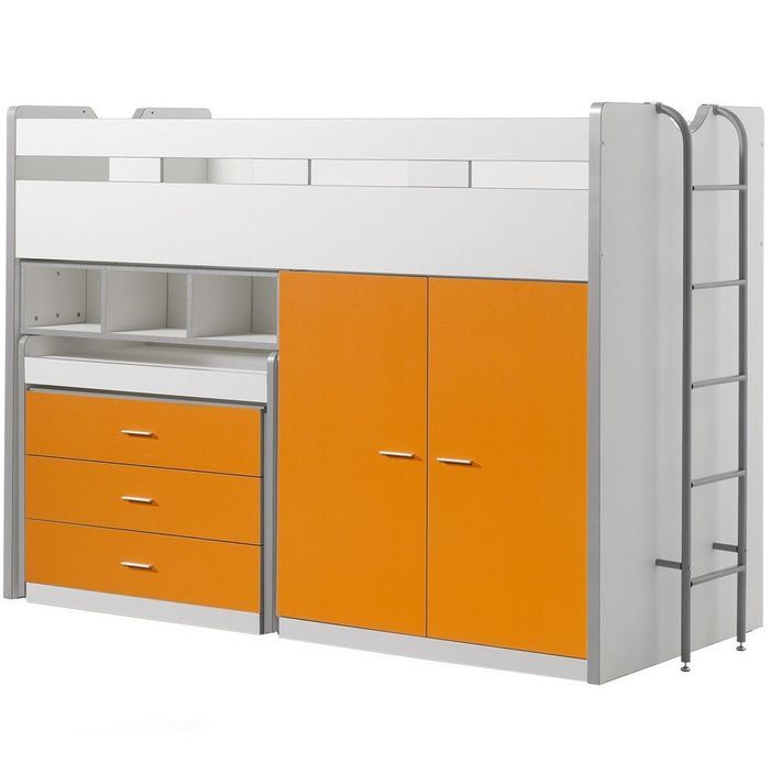 Lit combiné 90x200 cm avec sommier 3 tiroirs 2 portes bois blanc et orange Bonny - Photo n°1