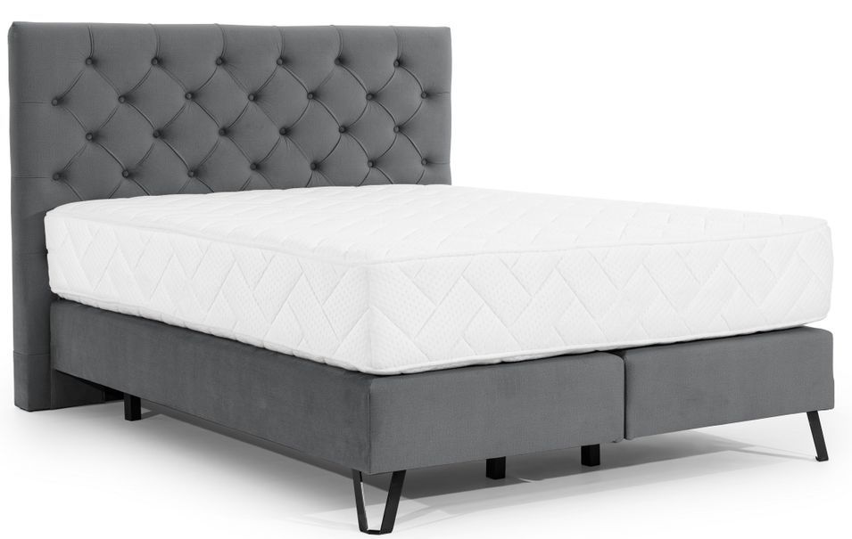 Lit continental capitonné tissu anthracite Pozza avec matelas 30 cm en latex et pied métal noir - Photo n°1