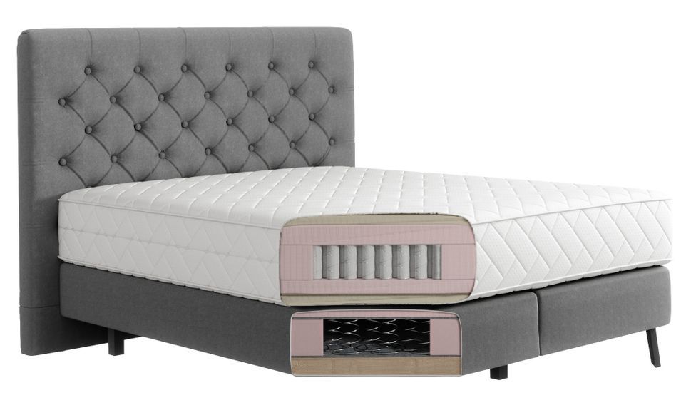 Lit continental capitonné tissu anthracite Pozza avec matelas 30 cm en latex et pied métal noir - Photo n°5