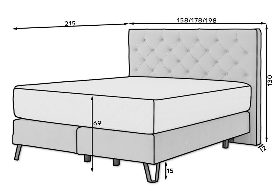 Lit continental capitonné tissu anthracite Pozza avec matelas 30 cm en latex et pied métal noir - Photo n°6