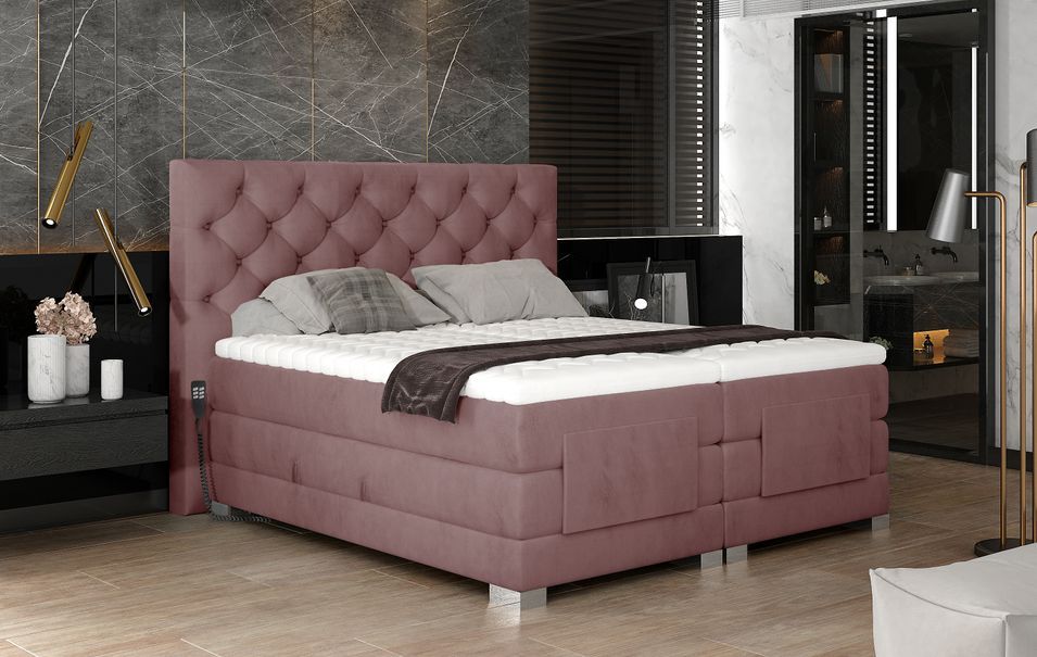 Lit continental électrique velours rose clair avec matelas et surmatelas Karmen - Photo n°7