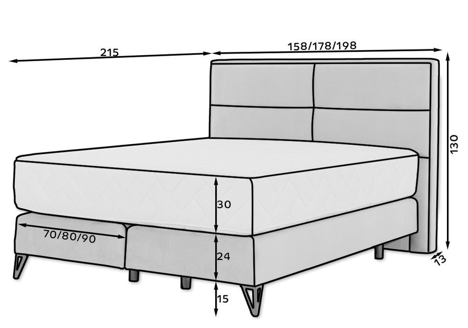 Lit continental velours noir Tiempo avec matelas 30 cm en latex et pied métal noir - Photo n°6