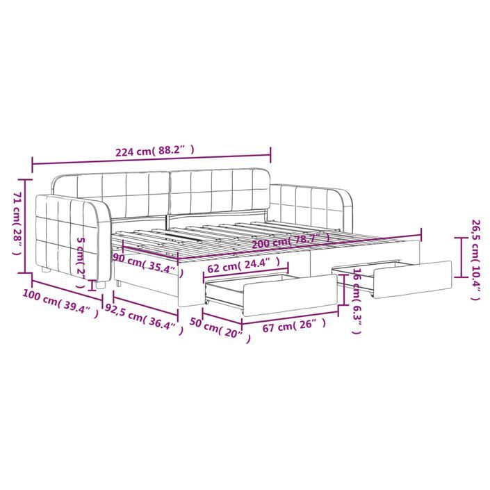 Lit de jour avec gigogne et tiroirs sans matelas rose 90x200 cm - Photo n°12