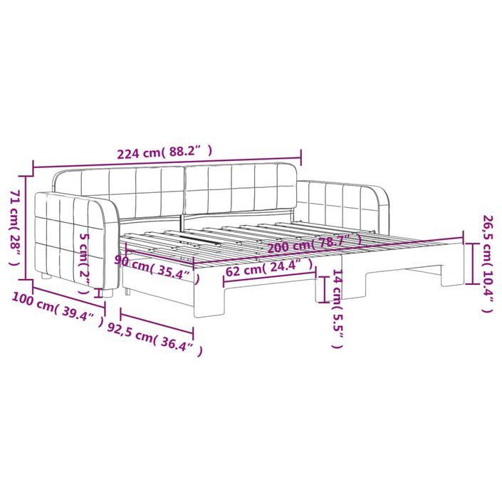 Lit de jour avec gigogne sans matelas rose 90x200 cm - Photo n°11