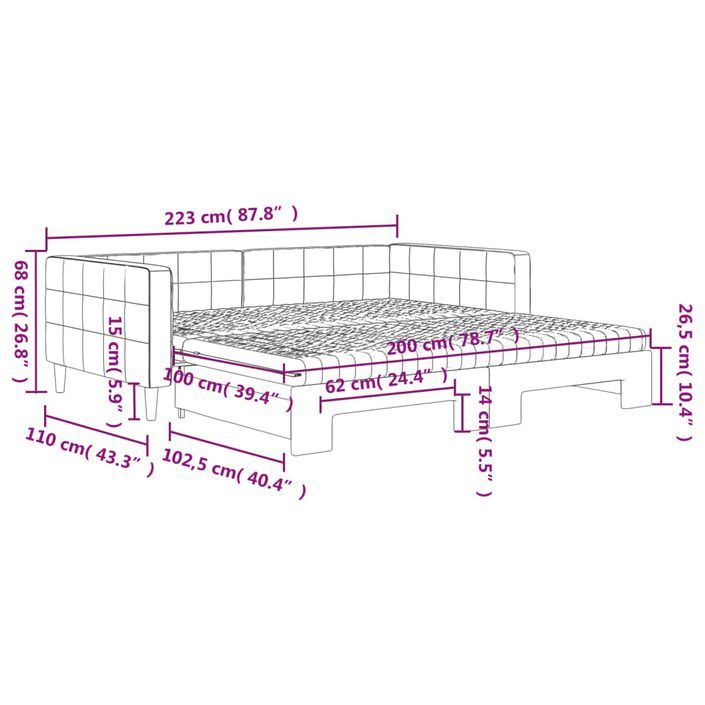 Lit de jour avec lit gigogne et matelas rose 100x200 cm velours - Photo n°12