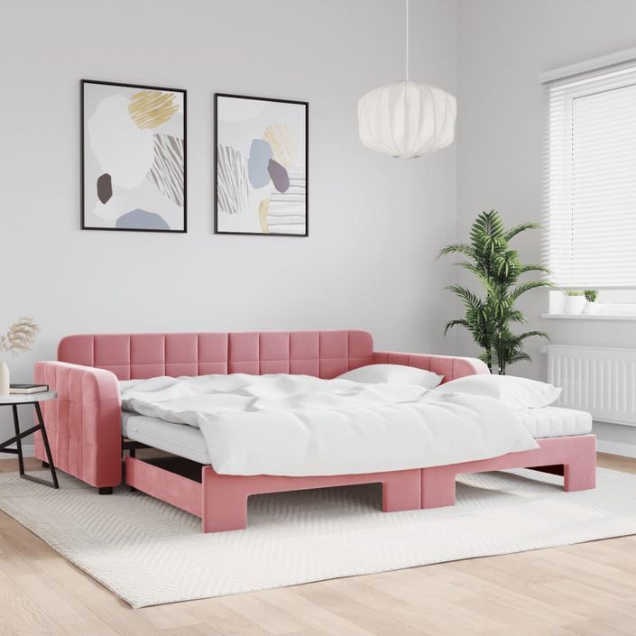 Lit de jour avec lit gigogne et matelas rose 100x200 cm velours - Photo n°1