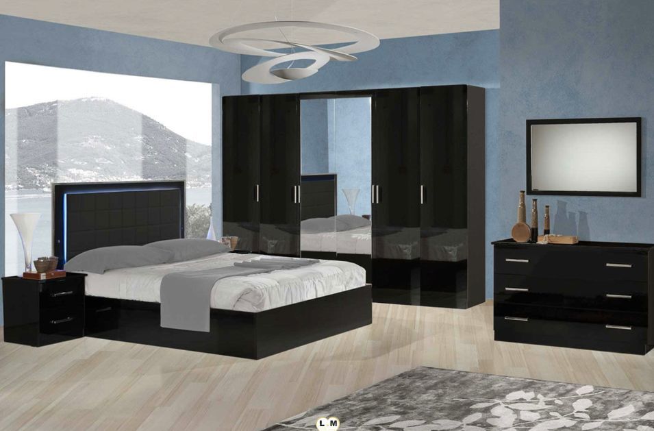 Lit design avec coffre bois noir laqué et tête de lit capitonnée simili cuir noir avec Led Turin - Photo n°3