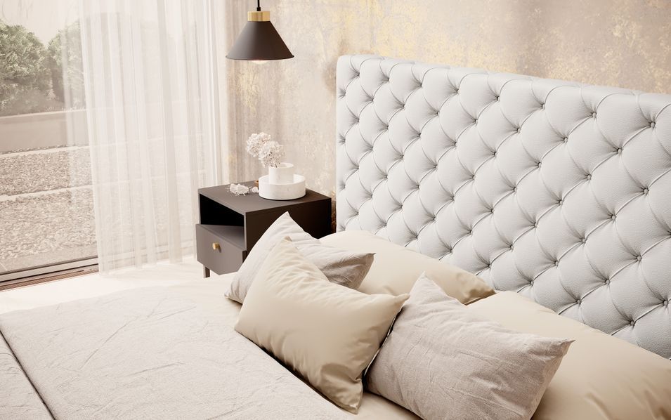 Lit design avec tête de lit et coffre capitonné simili cuir blanc Prince - 3 tailles - Photo n°4