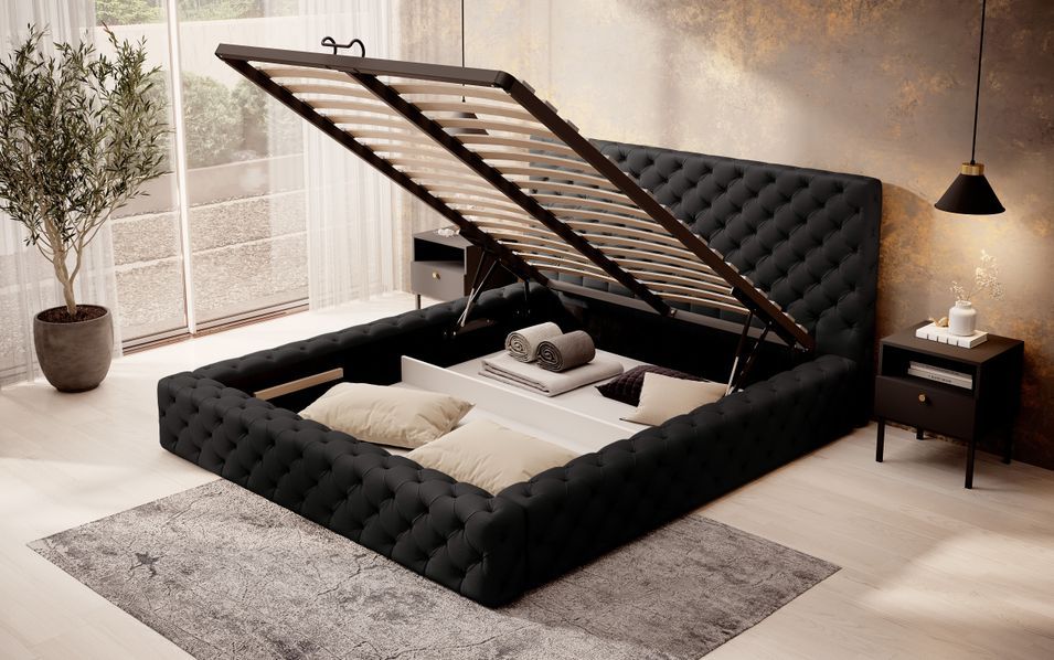 Lit design avec tête de lit et coffre capitonné simili cuir noir Prince - 3 tailles - Photo n°2