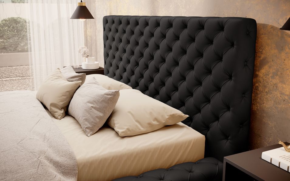 Lit design avec tête de lit et coffre capitonné simili cuir noir Prince - 3 tailles - Photo n°4