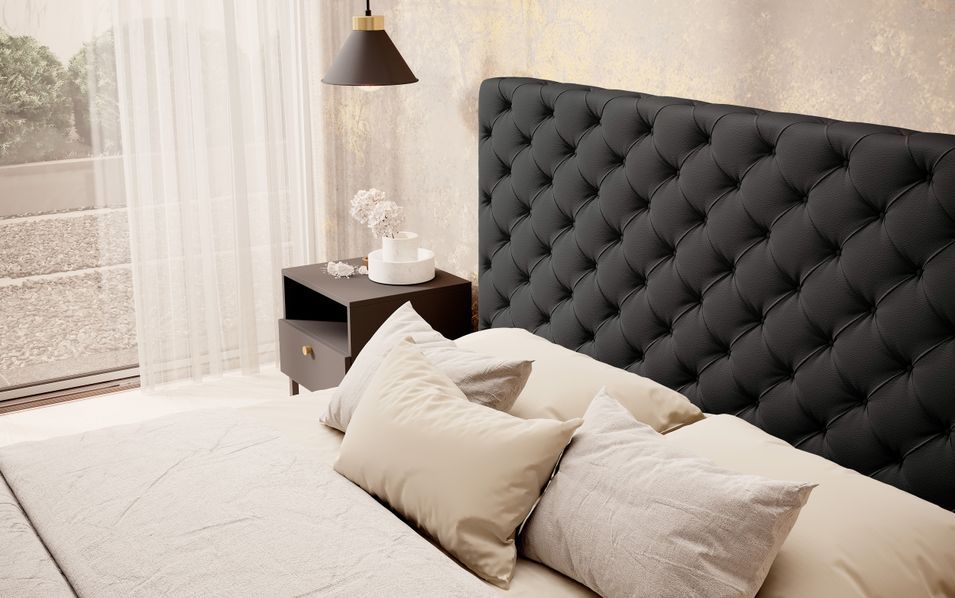 Lit design avec tête de lit et coffre capitonné simili cuir noir Prince - 3 tailles - Photo n°6