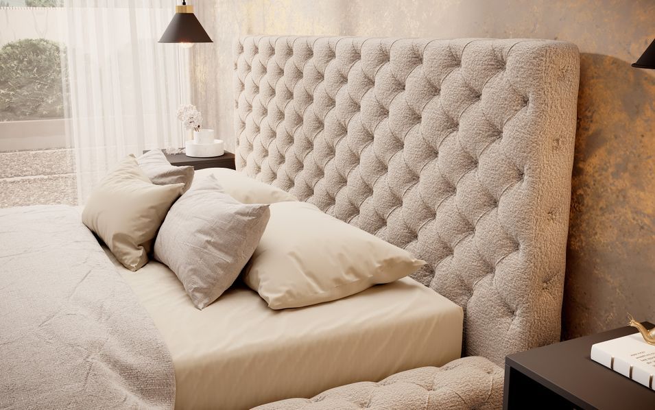 Lit design avec tête de lit et coffre capitonné velours beige foncé Prince - 3 tailles - Photo n°4