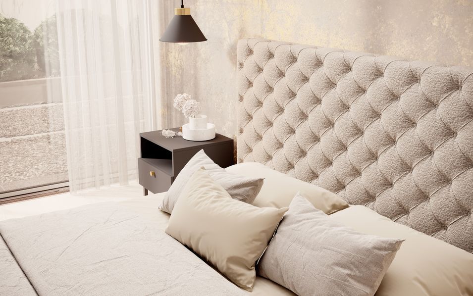 Lit design avec tête de lit et coffre capitonné velours beige foncé Prince - 3 tailles - Photo n°6