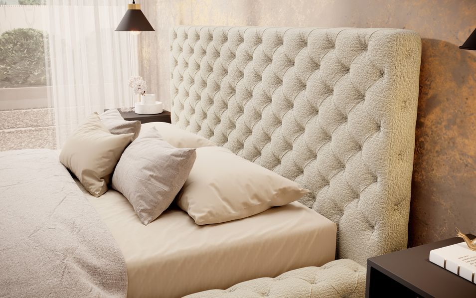 Lit design avec tête de lit et coffre capitonné velours beige Prince - 3 tailles - Photo n°4