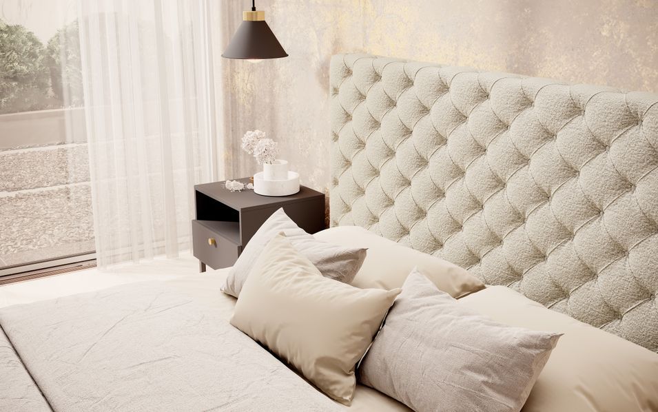 Lit design avec tête de lit et coffre capitonné velours beige Prince - 3 tailles - Photo n°7