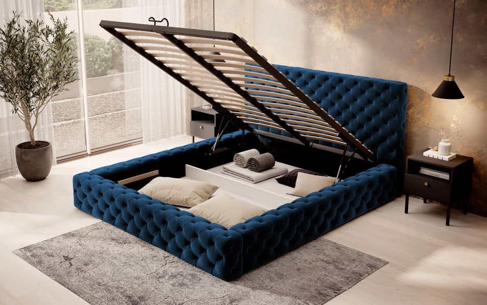 Lit design avec tête de lit et coffre capitonné velours bleu Prince - 3 tailles - Photo n°3