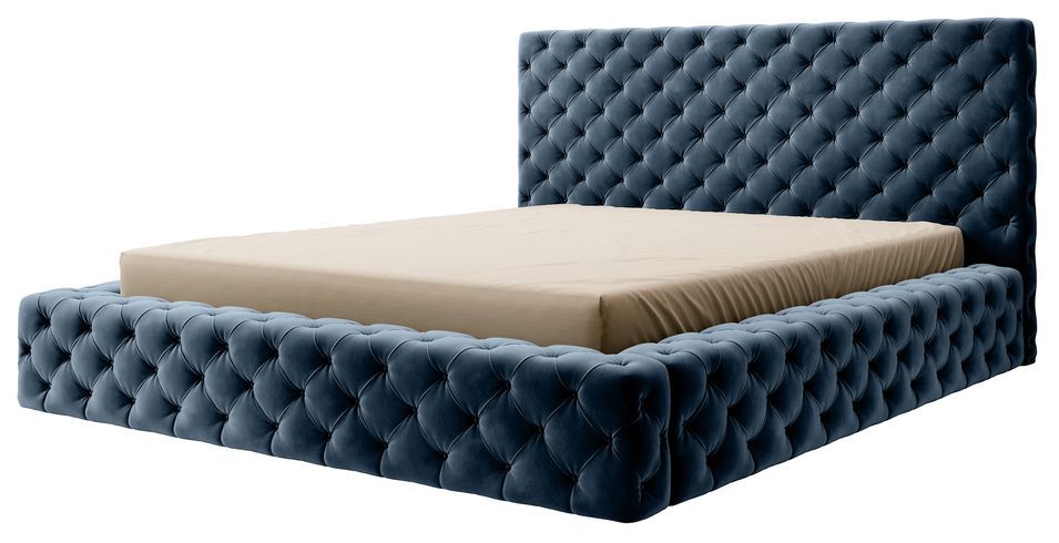 Lit design avec tête de lit et coffre capitonné velours bleu Prince - 3 tailles - Photo n°1