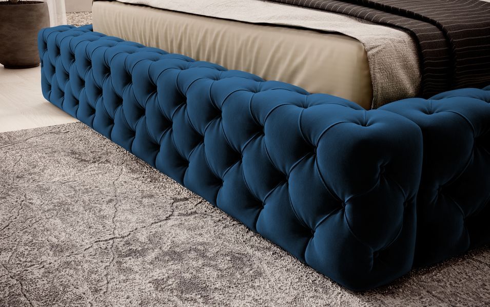 Lit design avec tête de lit et coffre capitonné velours bleu Prince - 3 tailles - Photo n°5