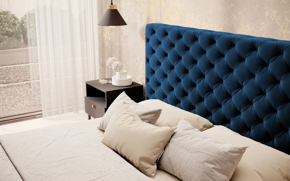 Lit design avec tête de lit et coffre capitonné velours bleu Prince - 3 tailles - Photo n°6
