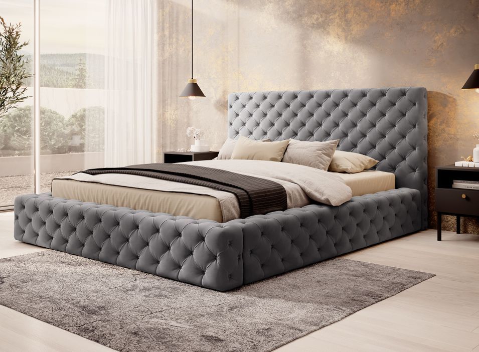 Lit design avec tête de lit et coffre capitonné velours gris foncé Prince - 3 tailles - Photo n°2