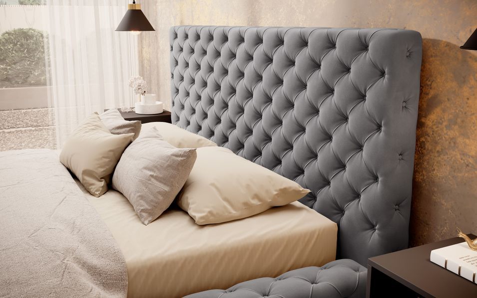Lit design avec tête de lit et coffre capitonné velours gris foncé Prince - 3 tailles - Photo n°4