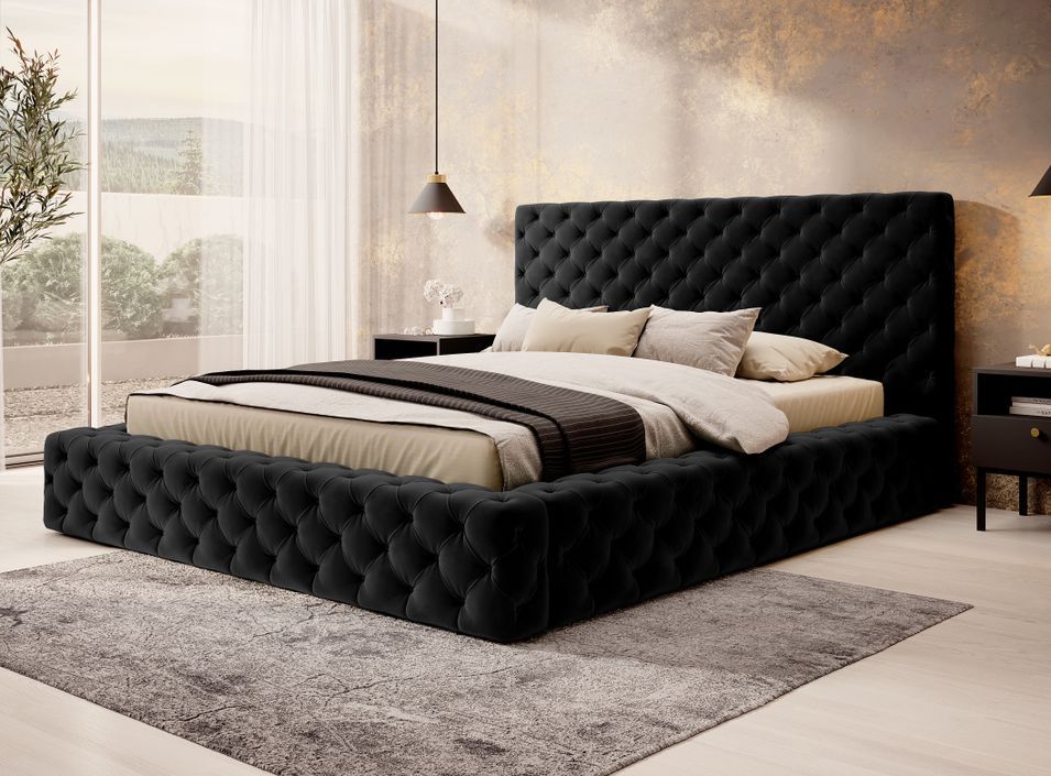 Lit design avec tête de lit et coffre capitonné velours noir Prince - 3 tailles - Photo n°2