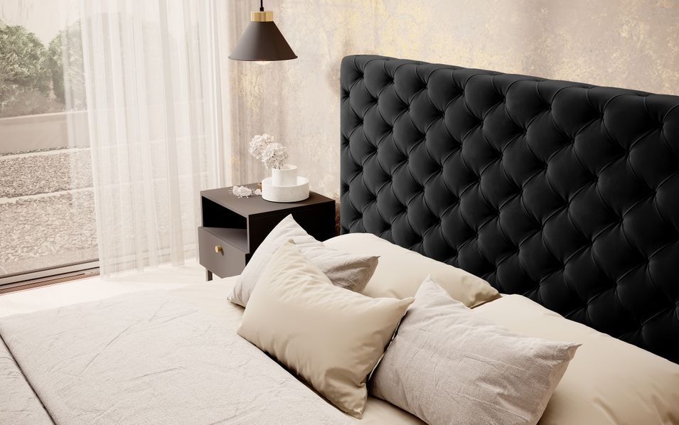 Lit design avec tête de lit et coffre capitonné velours noir Prince - 3 tailles - Photo n°7