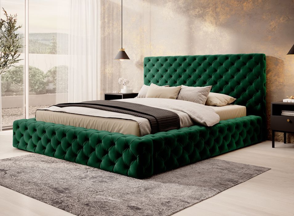Lit design avec tête de lit et coffre capitonné velours vert Prince - 3 tailles - Photo n°2