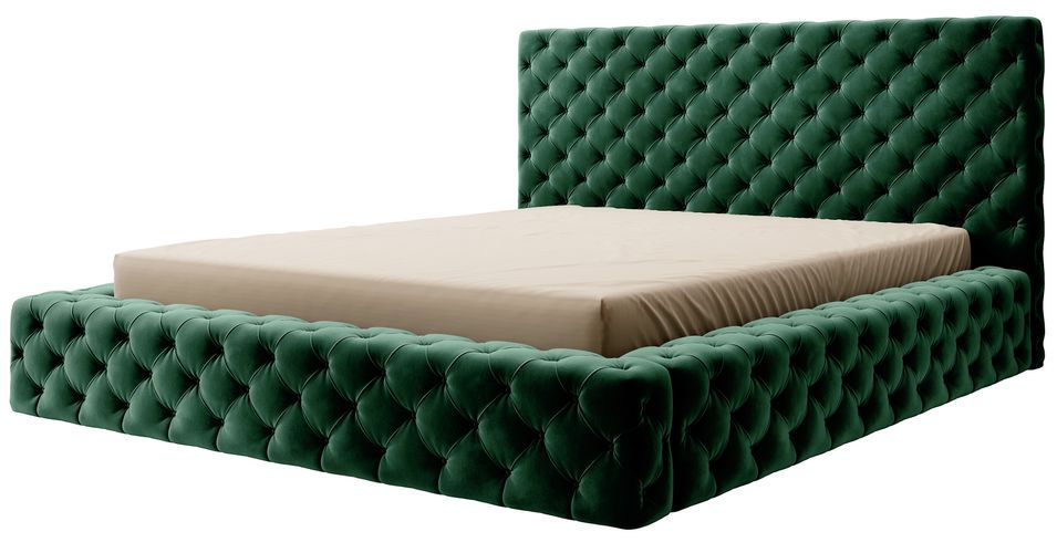 Lit design avec tête de lit et coffre capitonné velours vert Prince - 3 tailles - Photo n°1