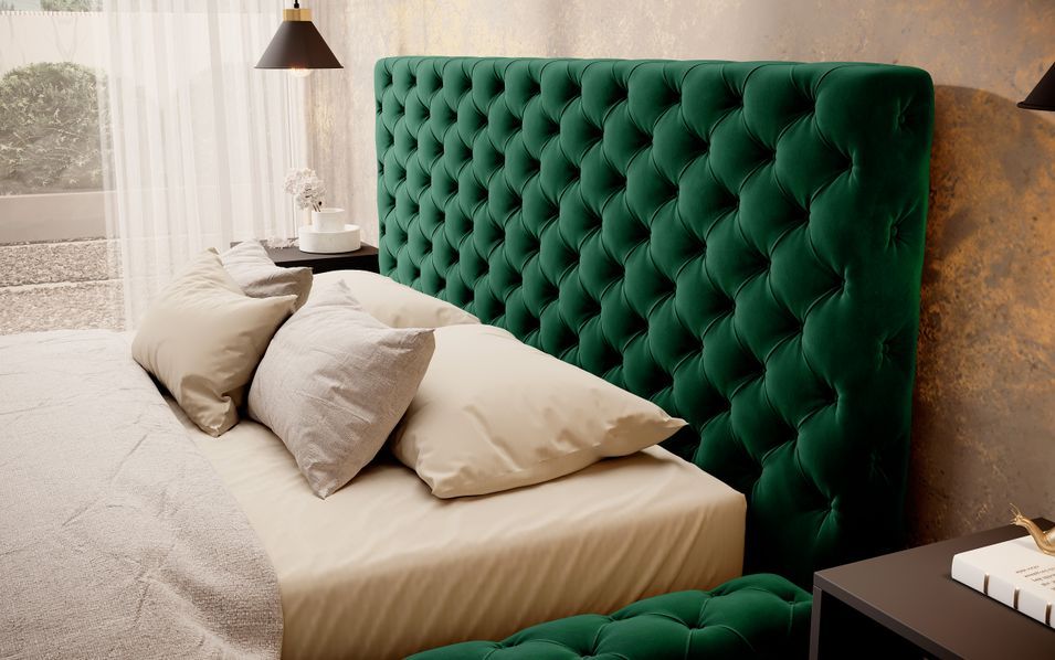 Lit design avec tête de lit et coffre capitonné velours vert Prince - 3 tailles - Photo n°4