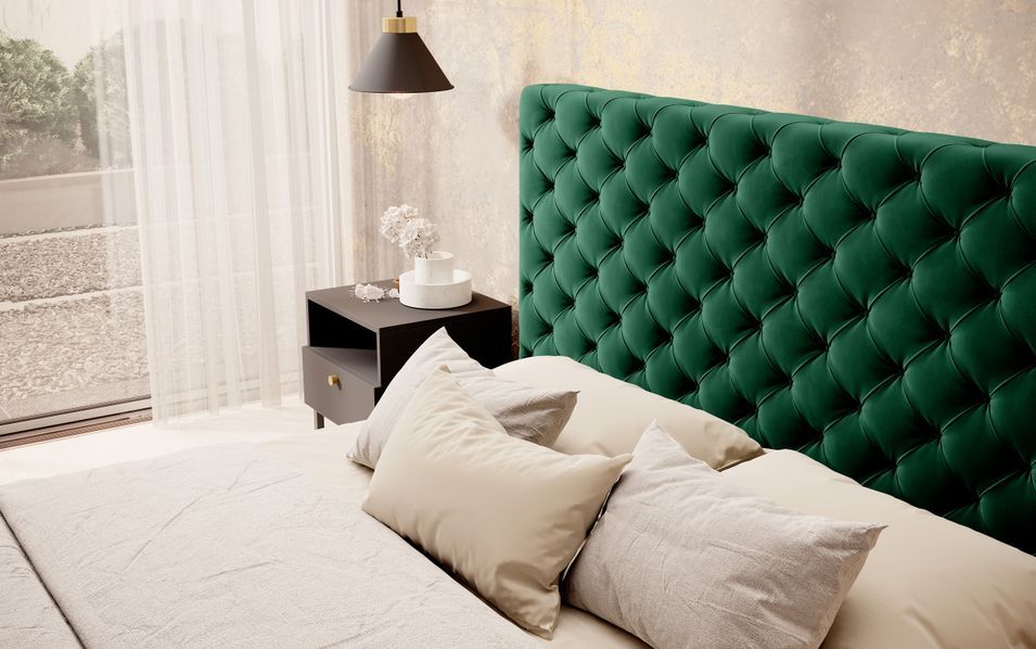 Lit design avec tête de lit et coffre capitonné velours vert Prince - 3 tailles - Photo n°7