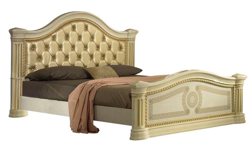 Lit design laqué beige tête de lit capitonnée simili cuir beige Savana 160x200 cm - Photo n°1