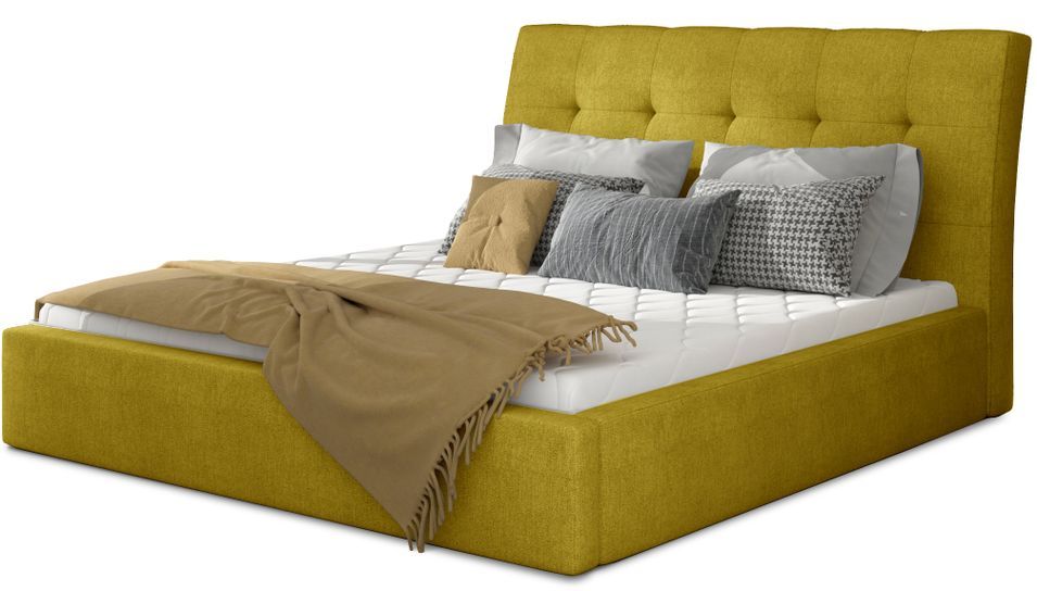 Lit double capitonné tissu doux jaune olive Kevina - 4 tailles - Photo n°1