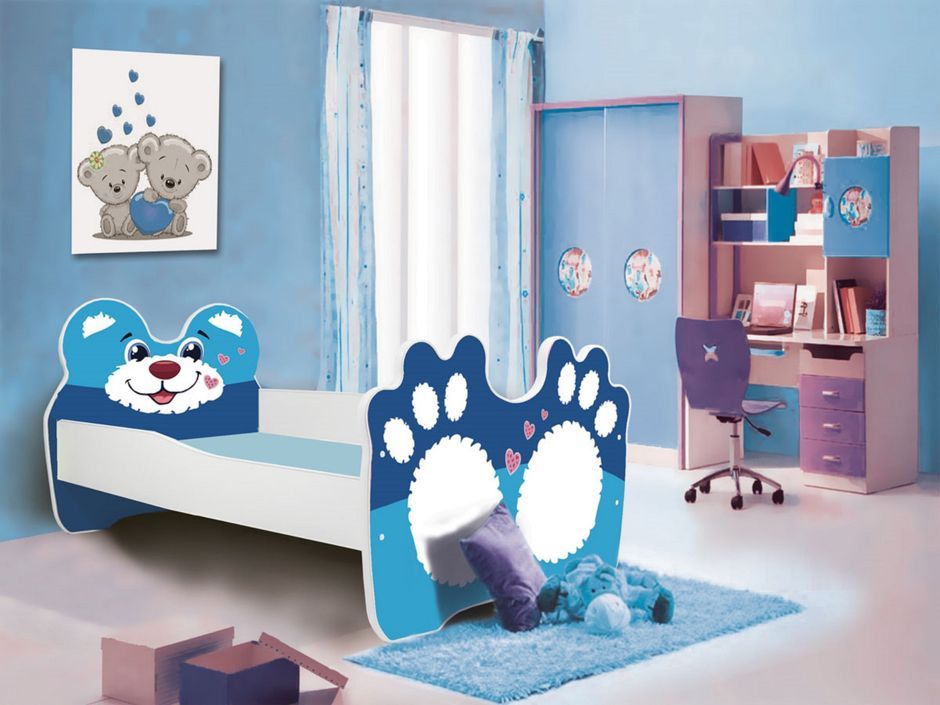 Lit enfant avec motif petit lion bleu 70x140 ou 80x160 cm - Matelas inclus - Tiroir de rangement - Photo n°3