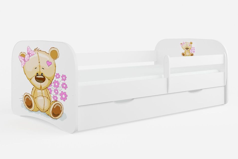 Lit enfant blanc ourson et fleurs avec sommiers et barrière de sécurité amovible Drimy - Photo n°1