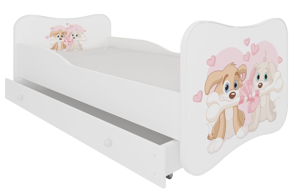 Lit enfant bois blanc à tiroirs avec imprimé chiens amoureux 70x140 ou 80x160 cm - Sommier et matelas inclus - Ondula - Photo n°1