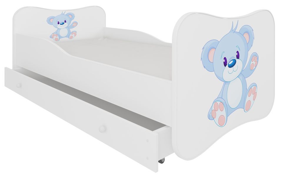 Lit enfant bois blanc à tiroirs avec imprimé ourson bleu 70x140 ou 80x160 cm - Sommier et matelas inclus - Ondula - Photo n°1