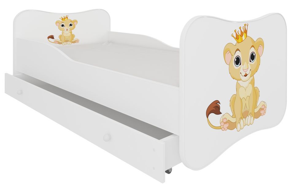 Lit enfant bois blanc à tiroirs avec imprimé petit roi lion 70x140 ou 80x160 cm - Sommier et matelas inclus - Ondula - Photo n°1