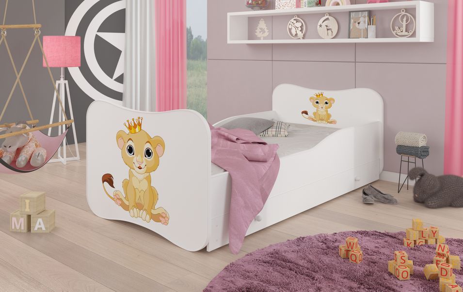 Lit enfant bois blanc à tiroirs avec imprimé petit roi lion 70x140 ou 80x160 cm - Sommier et matelas inclus - Ondula - Photo n°2