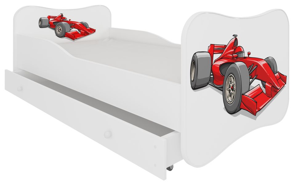 Lit enfant bois blanc à tiroirs avec imprimé voiture de course rouge 70x140 ou 80x160 cm - Sommier et matelas inclus - Ondula - Photo n°1