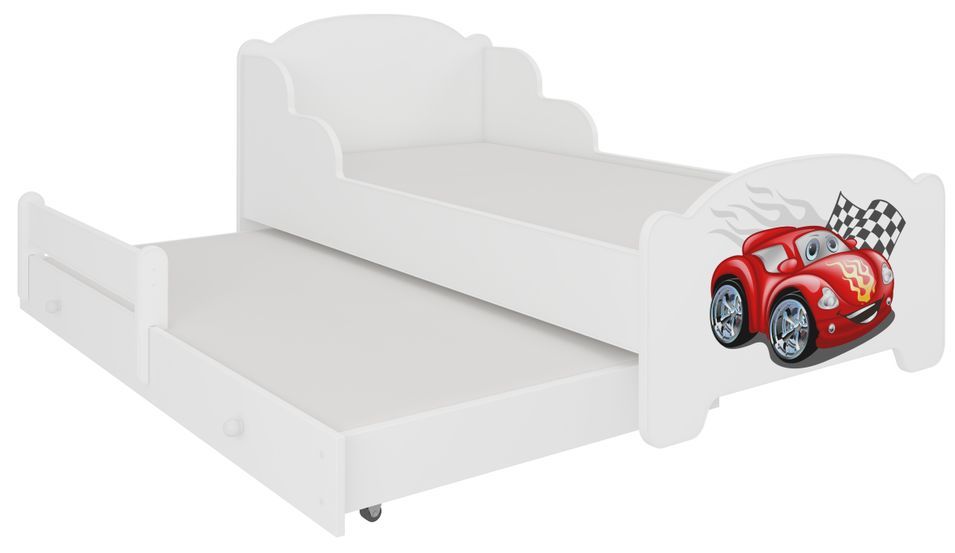 Lit enfant bois blanc impression voiture Cars 2 couchages 70x140 ou 80x160 cm - Sommier et matelas inclus - Madale - Photo n°1