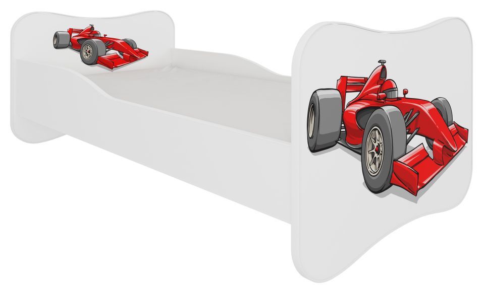 Lit enfant bois blanc imprimé voiture de course rouge 70x140 ou 80x160 cm - Sommier et matelas inclus - Ondula - Photo n°1