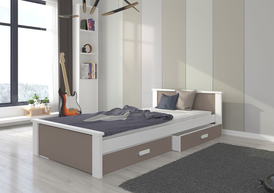 Lit enfant bois pin blanc et bois taupe 90x200 cm avec 2 tiroirs de rangement Lydia - Photo n°2