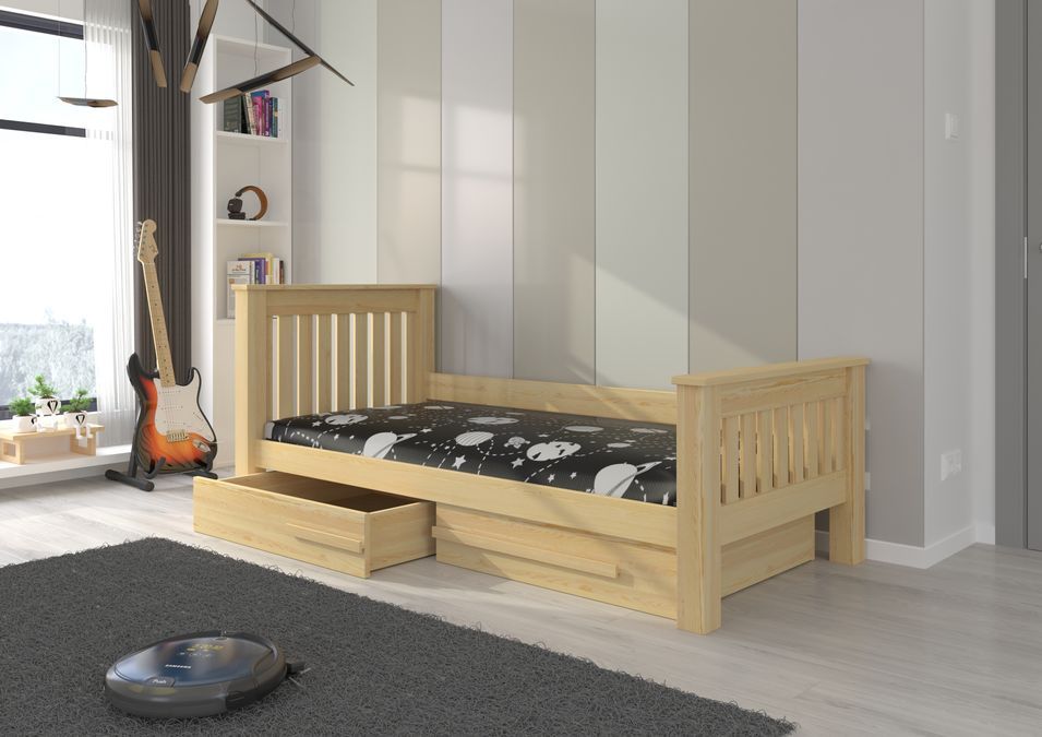 Lit enfant bois pin naturel 90x200 cm avec 2 tiroirs de rangement Rallye - Photo n°2