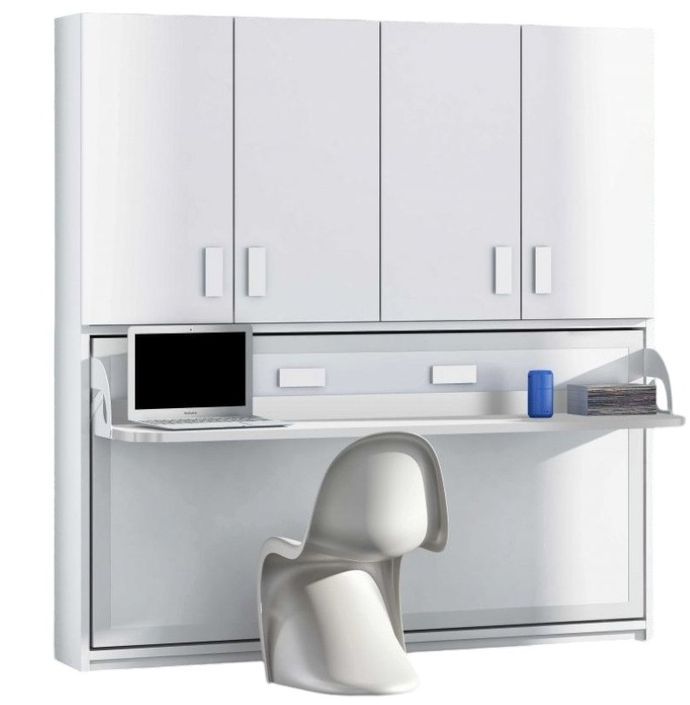 Lit escamotable 90x190 cm P 34 cm blanc satiné avec étagères et bureau Miko - Photo n°1