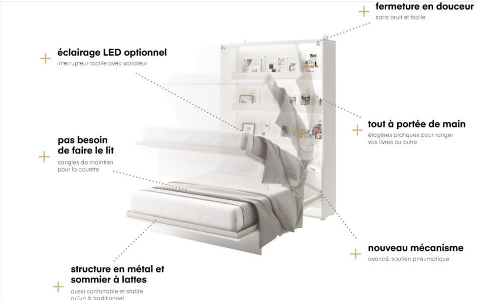 Lit escamotable vertical avec étagères blanc mat Noby 140x200 cm - Photo n°6