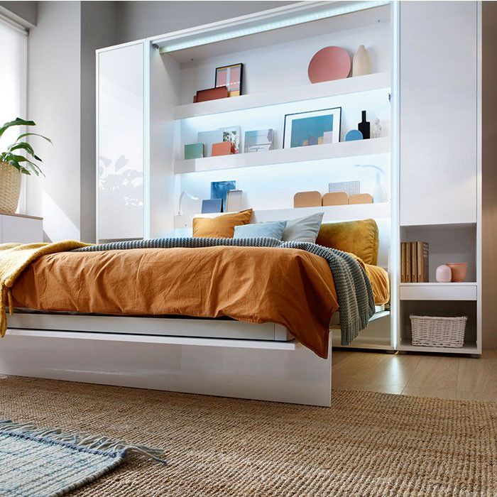 Lit escamotable vertical blanc mat avec 2 armoires de rangement Noby - Photo n°11