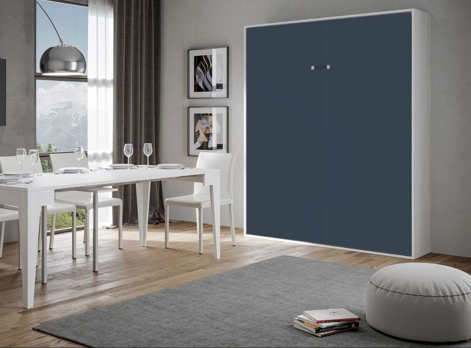 Lit escamotable vertical frêne blanc et porte bleue kanto 160x190 cm - Photo n°1