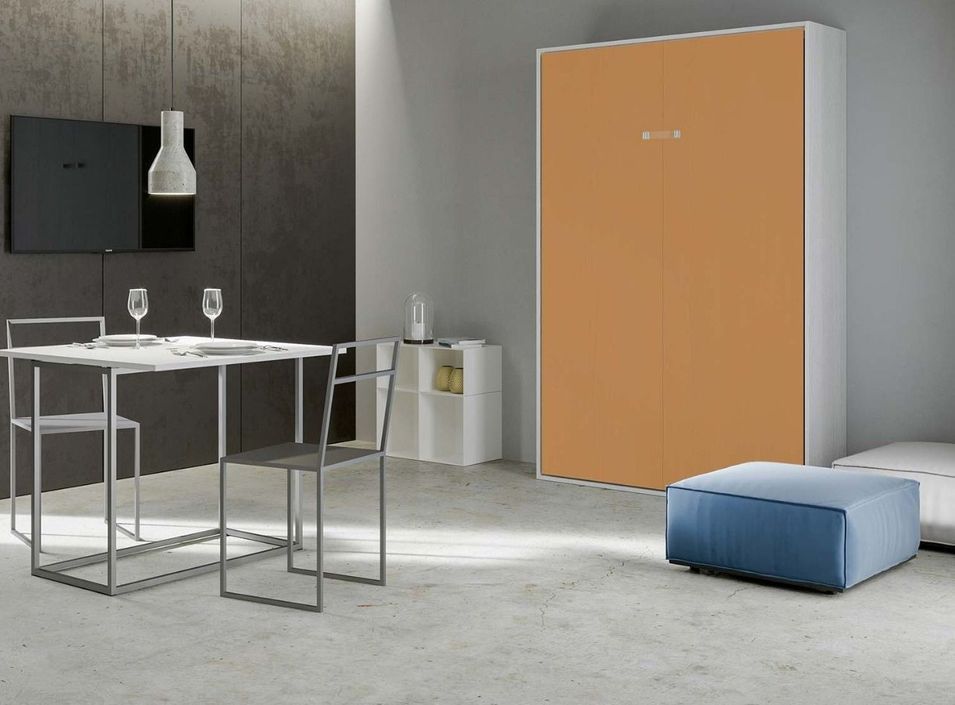 Lit escamotable vertical frêne blanc et porte orange kanto 140x190 cm - Photo n°3